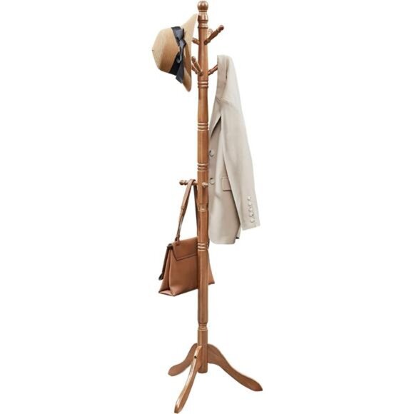Solid Wood Coat Rack and Stand, Free Standing Hall Coat Tree with 10 - Picture 7 of 7